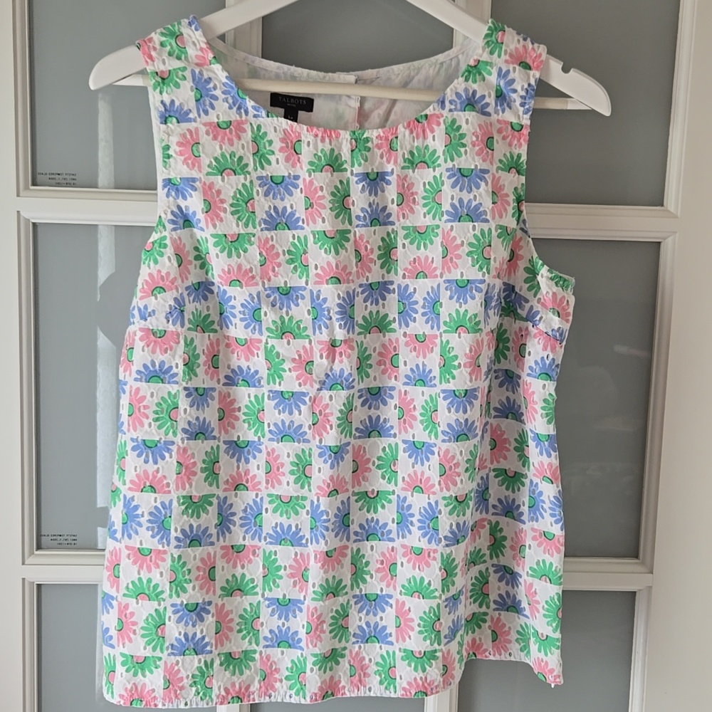 Women’s Sleeveless Floral Check Blouse - White with Pink, Green & Blue